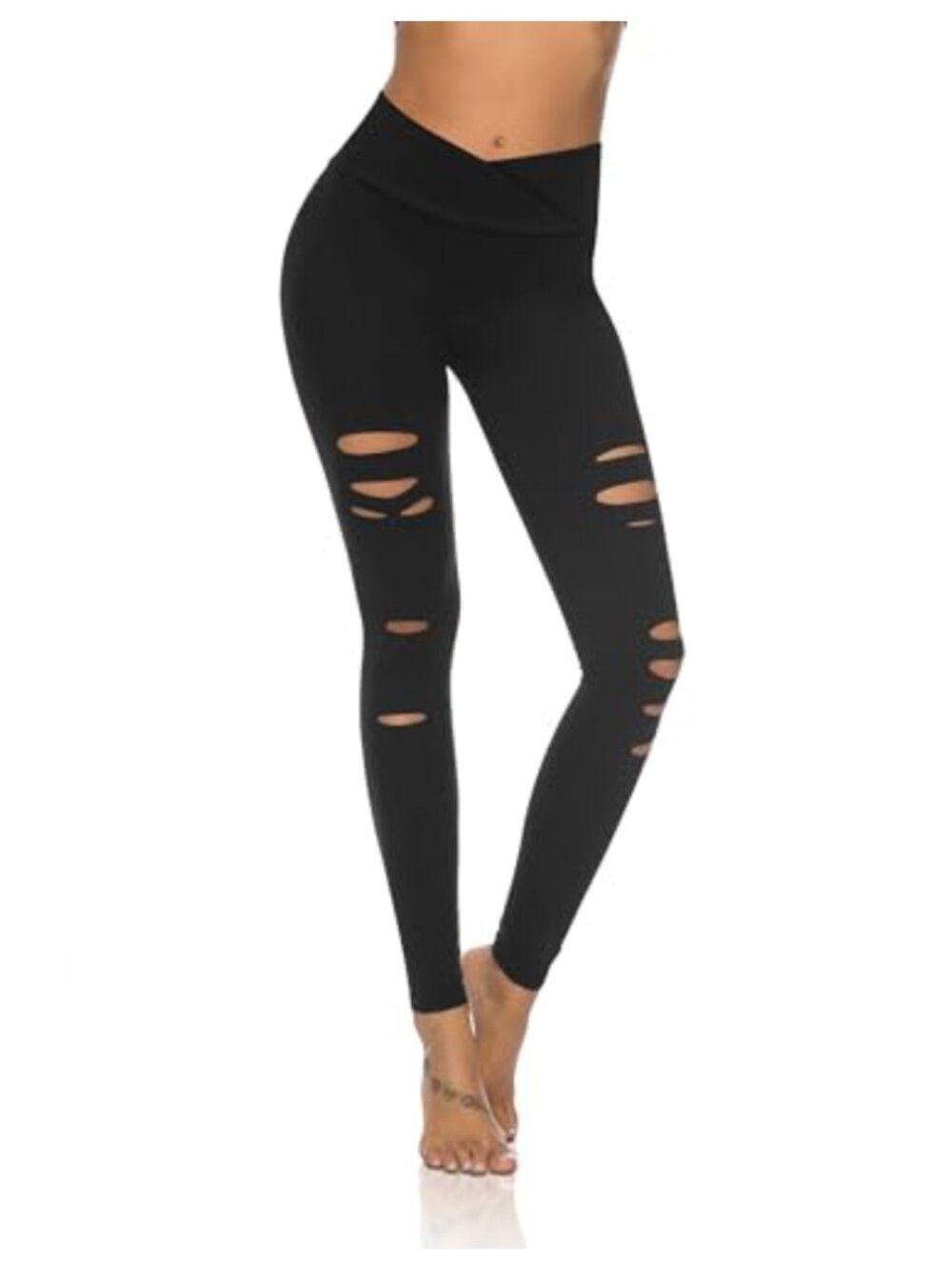 Womens High Waist Crossover Yoga Pants Ripped Leggings